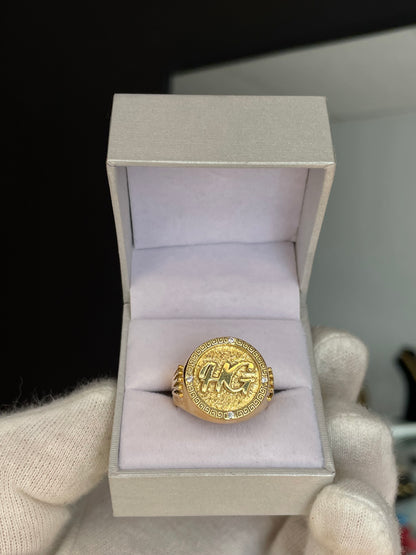 Anillo Sello Personalizado Guarda Griega y piedras Plata 925 enchapada en Oro 18K