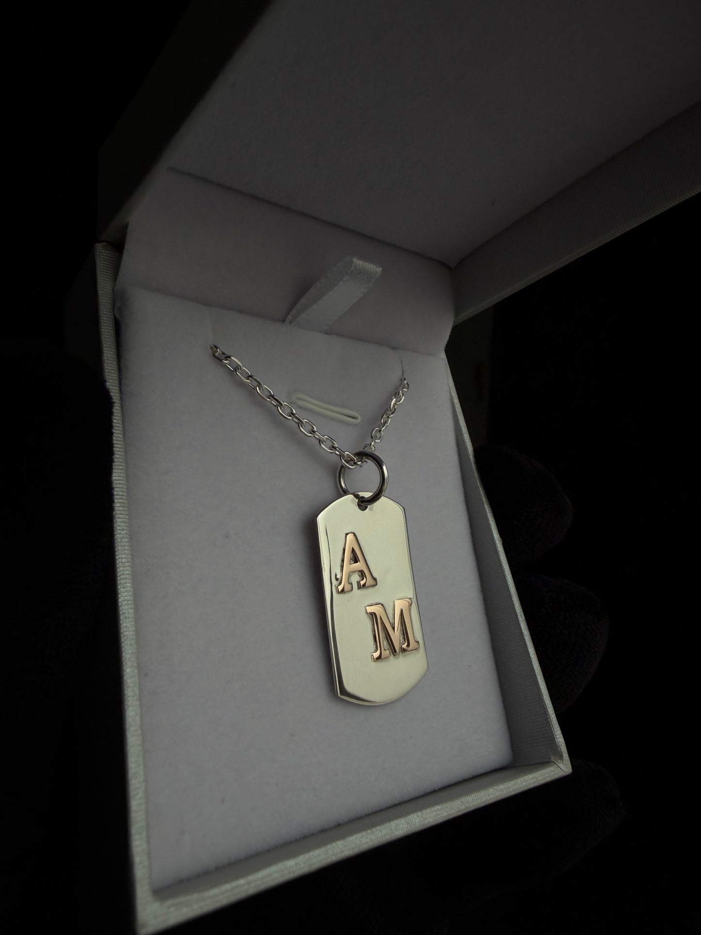 Medalla en Plata y Letras en Oro con cadena en Plata
