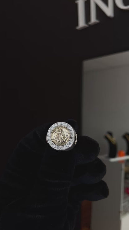 Anillo San Miguel en Plata maciza con Mesa Y Apliques en Oro macizo